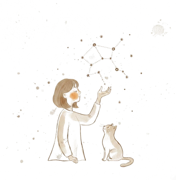 A girl and her cat looking up at a constellation of connected dots